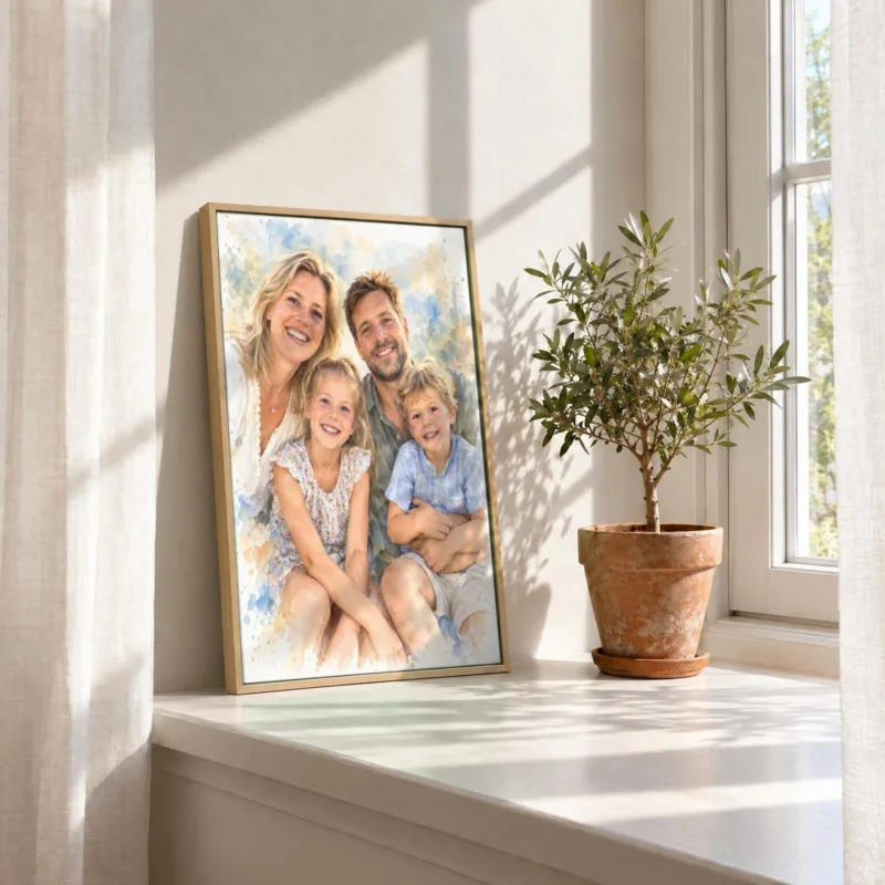 Familieportret in aquarel op canvas in een houten baklijst, in de vensterbank