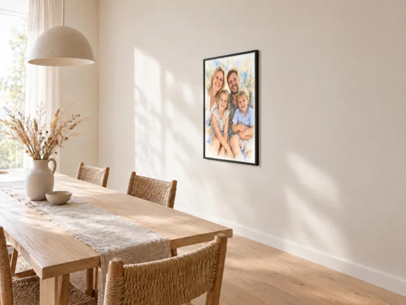 Familieportret in aquarel in een zwarte lijst, bij de eettafel