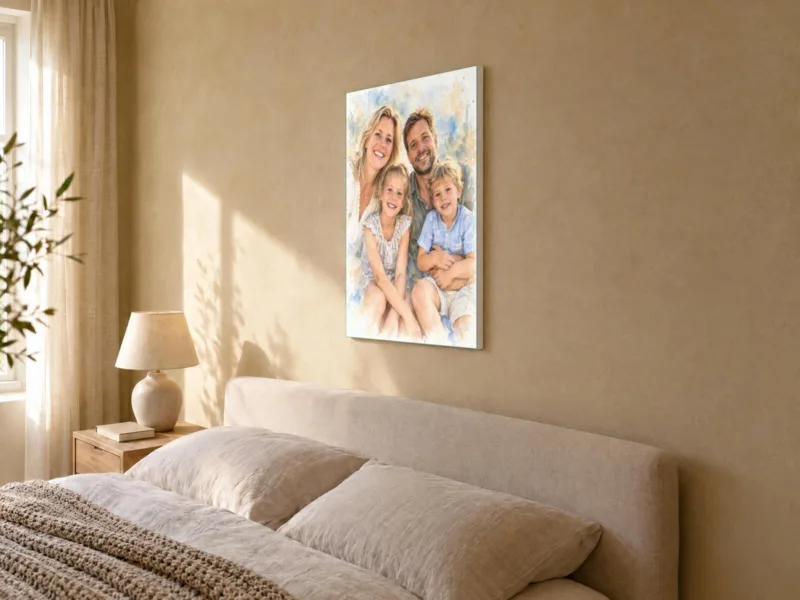 Familieportret in aquarel op canvas, in de slaapkamer