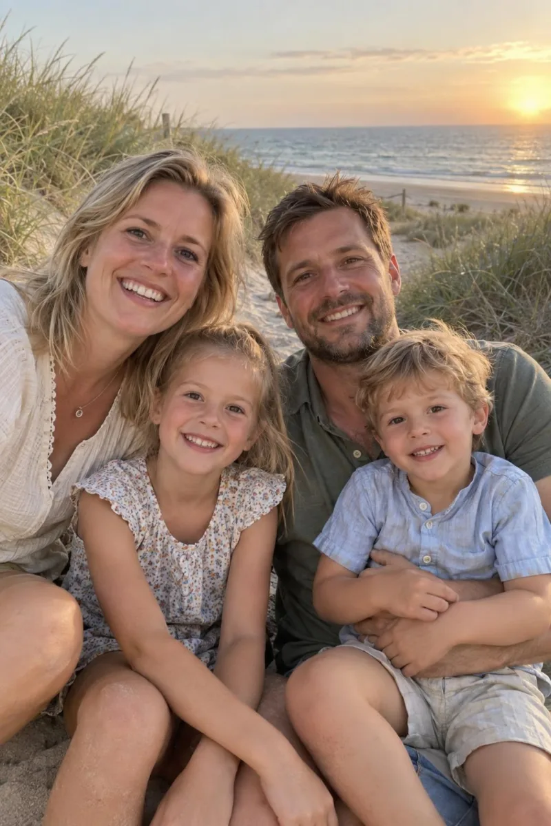 Foto van een gezin met twee kinderen in de duinen