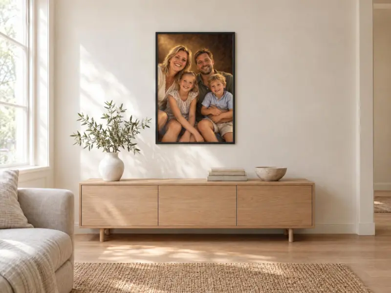 Familieportret klassiek geschilderd in een zwarte lijst, boven een dressoir