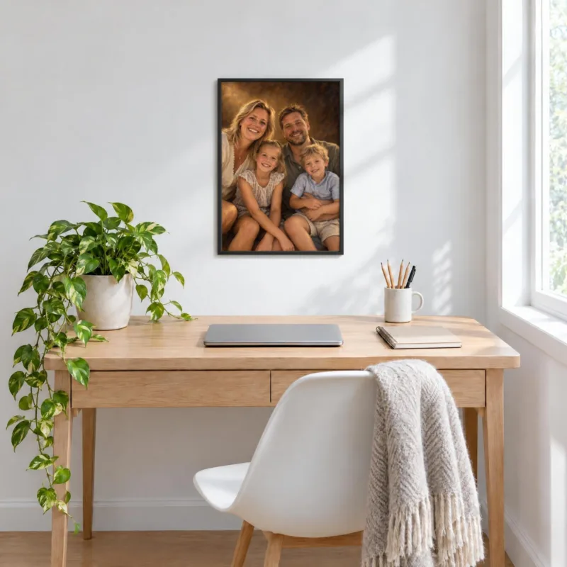 Familieportret klassiek geschilderd in een zwarte lijst, boven een bureau