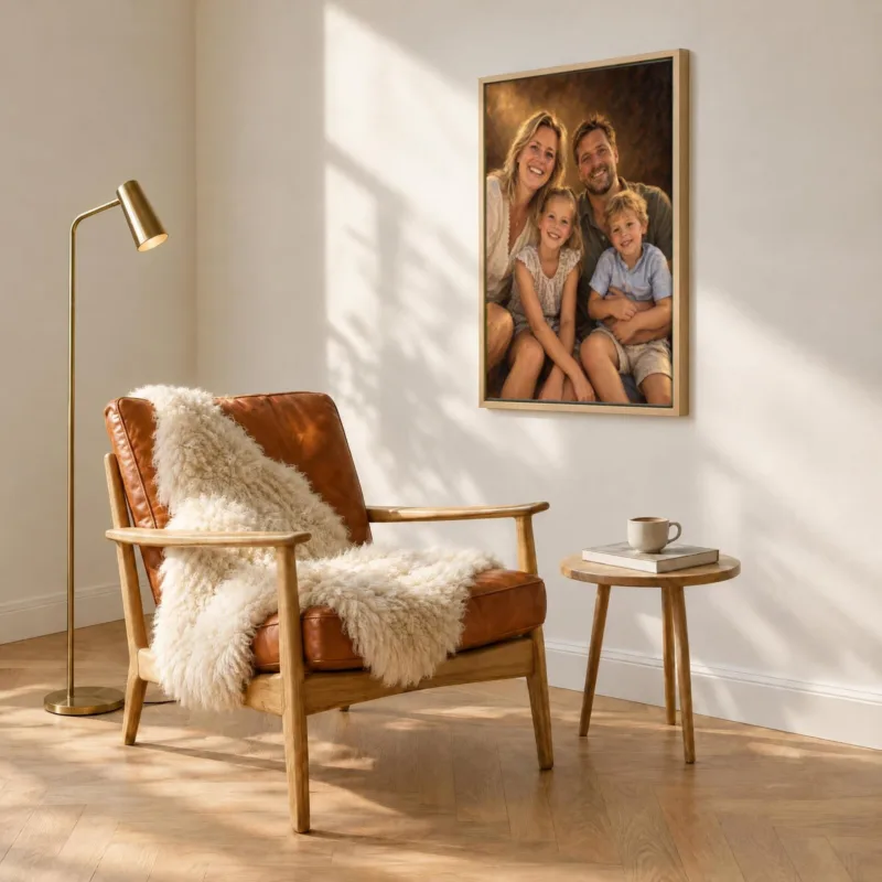 Familieportret klassiek geschilderd op canvas in een houten baklijst, boven een fauteuil