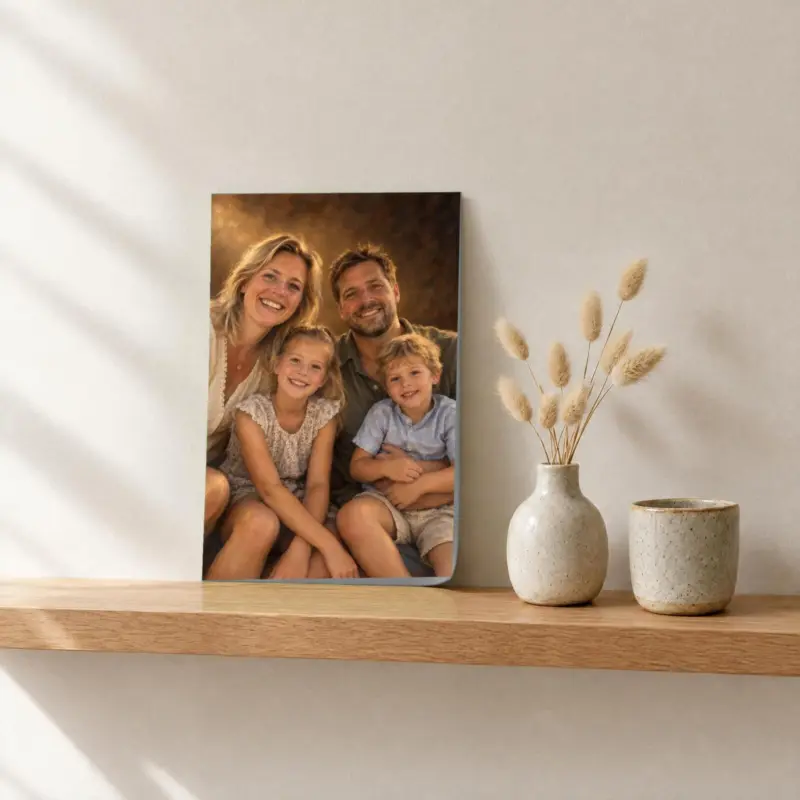 Familieportret klassiek geschilderd als losse print, op een fotorichel