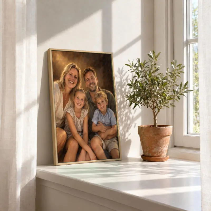 Familieportret klassiek geschilderd op canvas in een houten baklijst, in de vensterbank