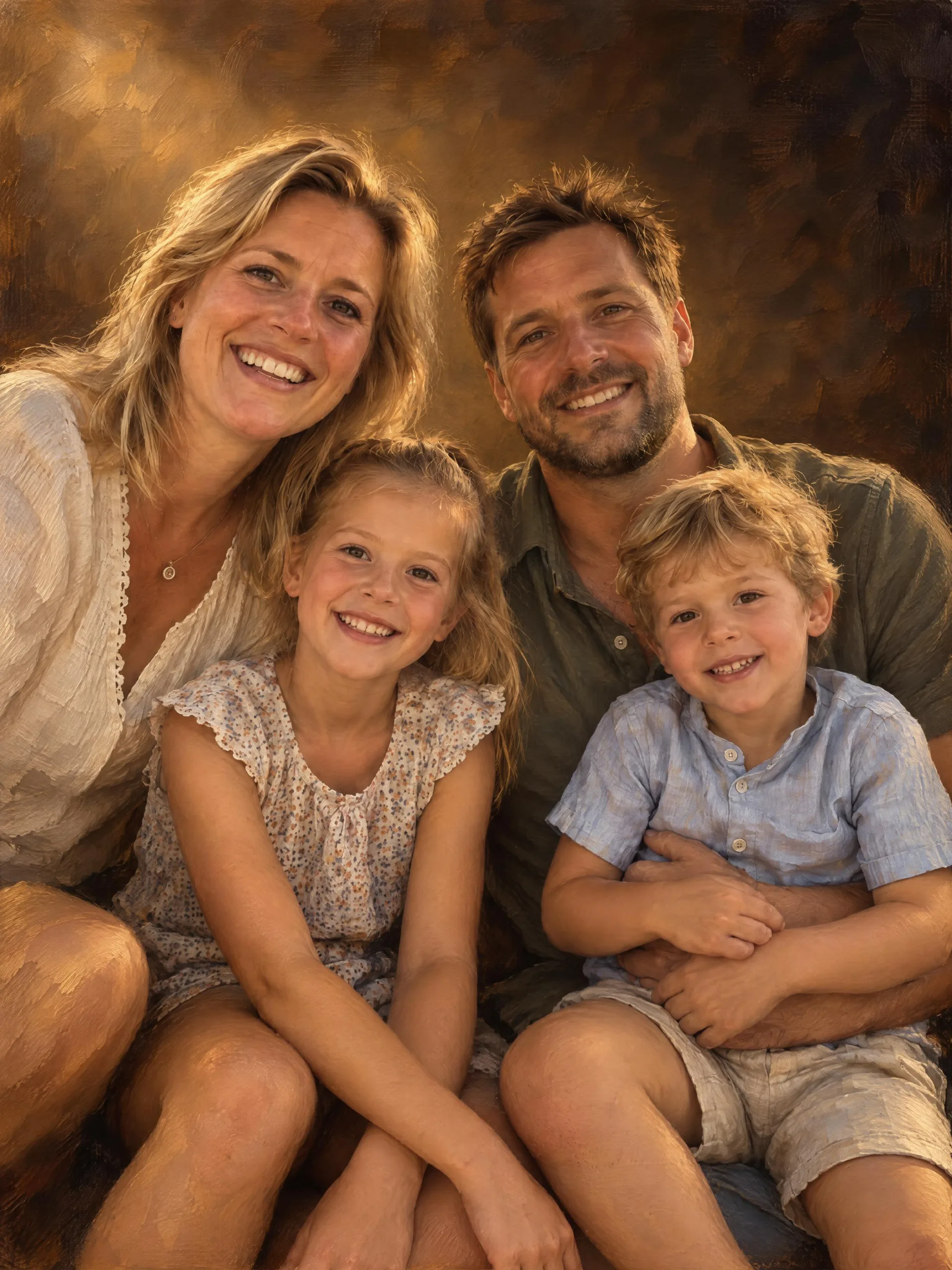 Gezin met twee kinderen als klassiek olieverfschilderij