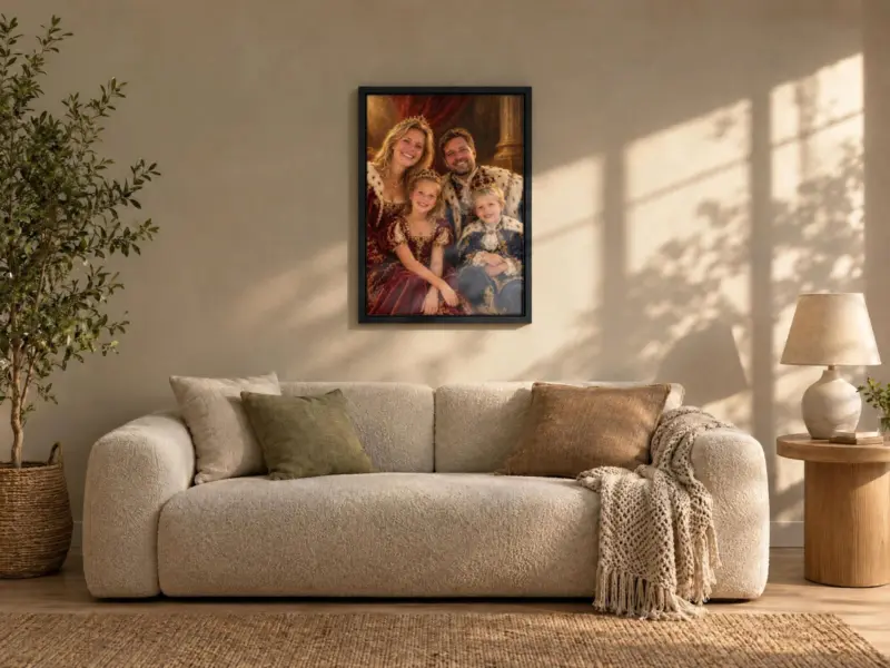 Familieportret koninklijk geschilderd op canvas in een zwarte baklijst, boven de bank