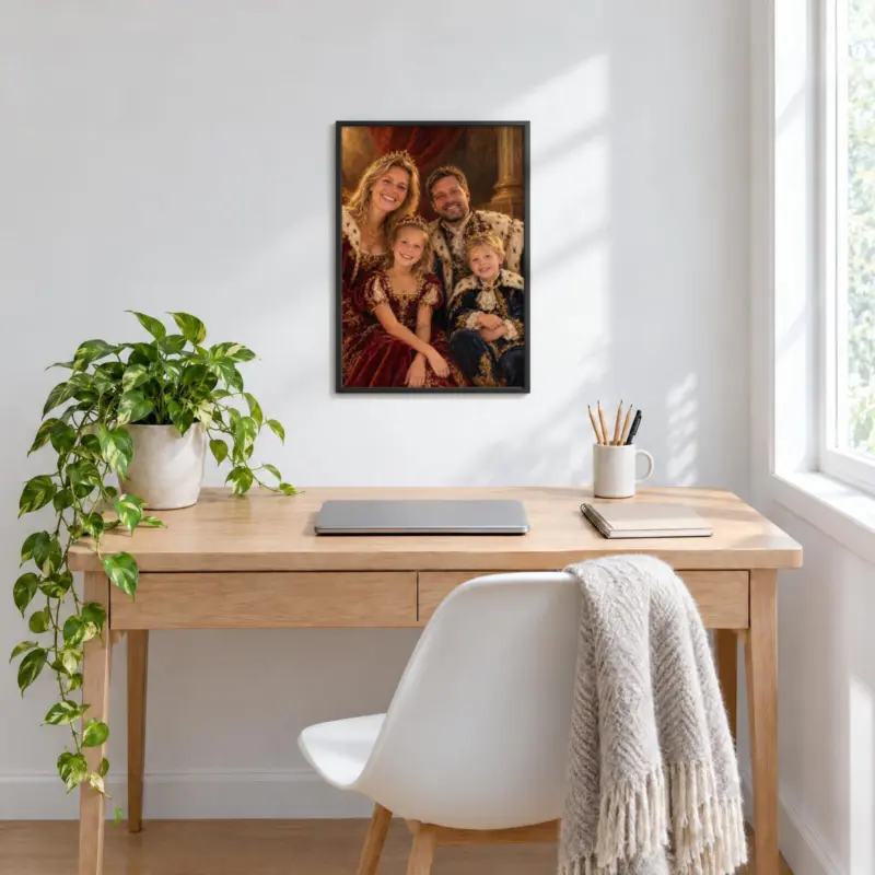 Familieportret koninklijk geschilderd in een zwarte lijst, boven een bureau