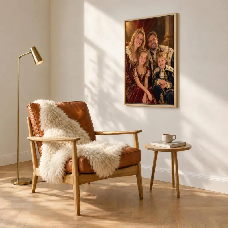 Familieportret koninklijk geschilderd op canvas in een houten baklijst, boven een fauteuil