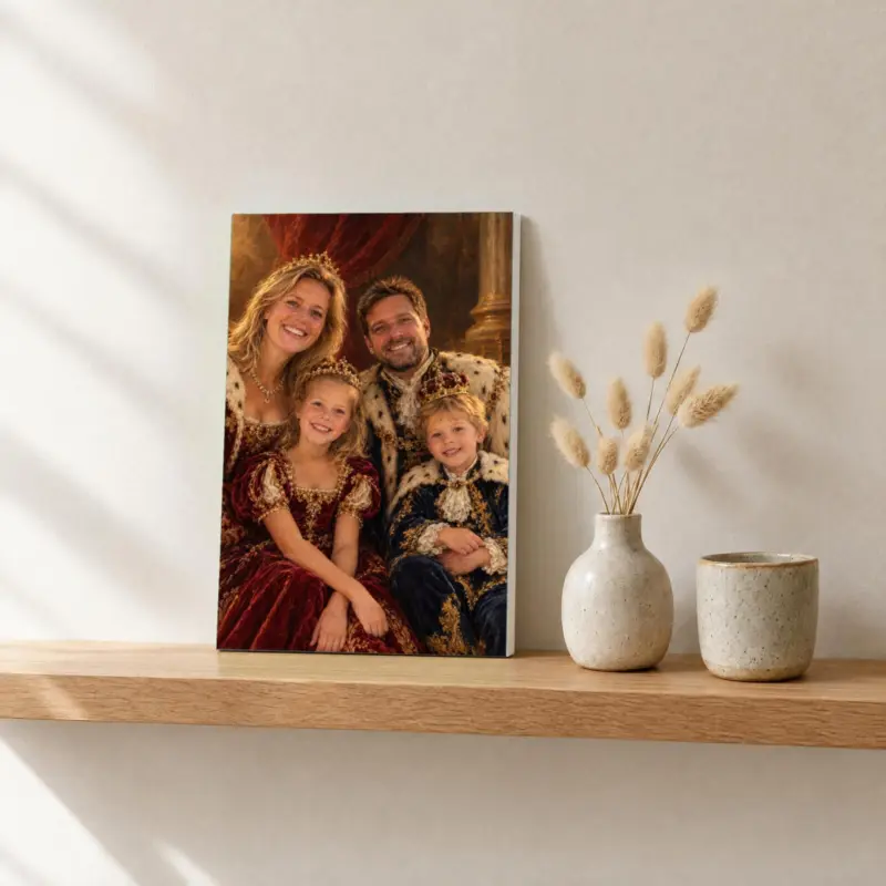 Familieportret koninklijk geschilderd op canvas, op een fotorichel
