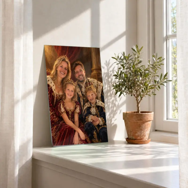 Familieportret koninklijk geschilderd als losse print, in de vensterbank