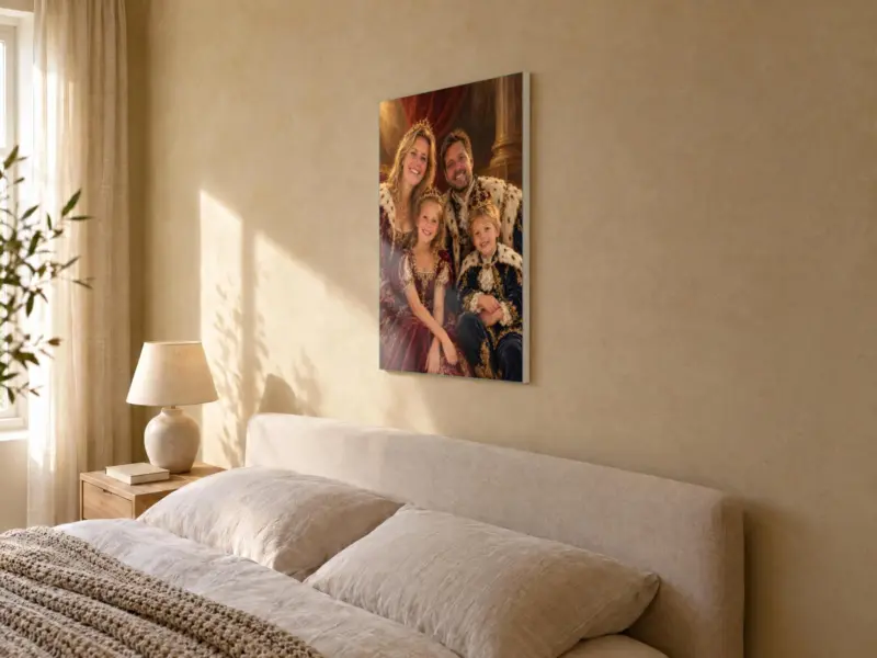 Familieportret koninklijk geschilderd op canvas, in de slaapkamer