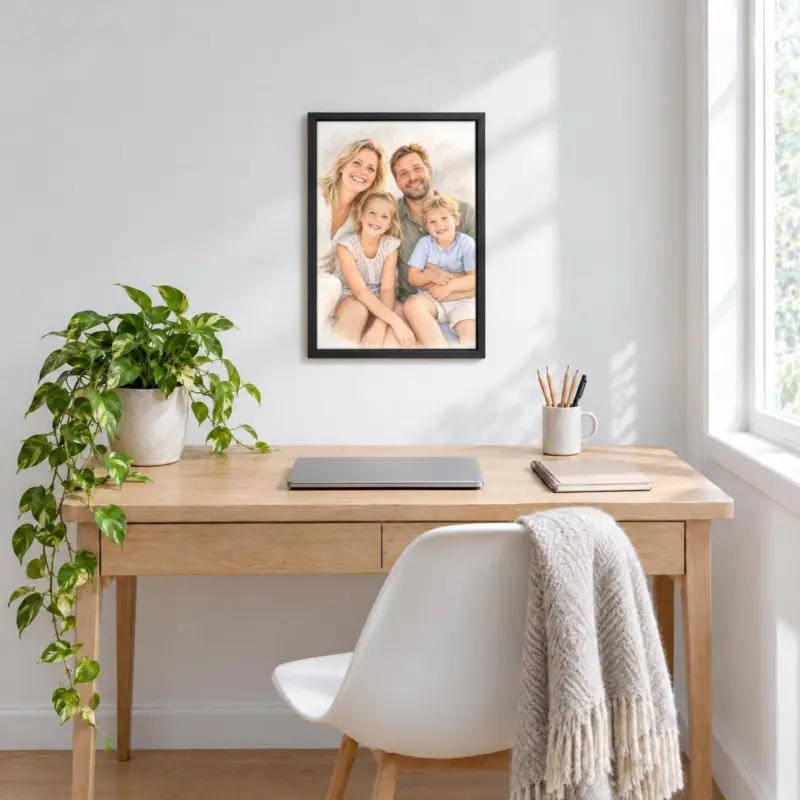 Familieportret in pastel op canvas in een zwarte baklijst, boven een bureau