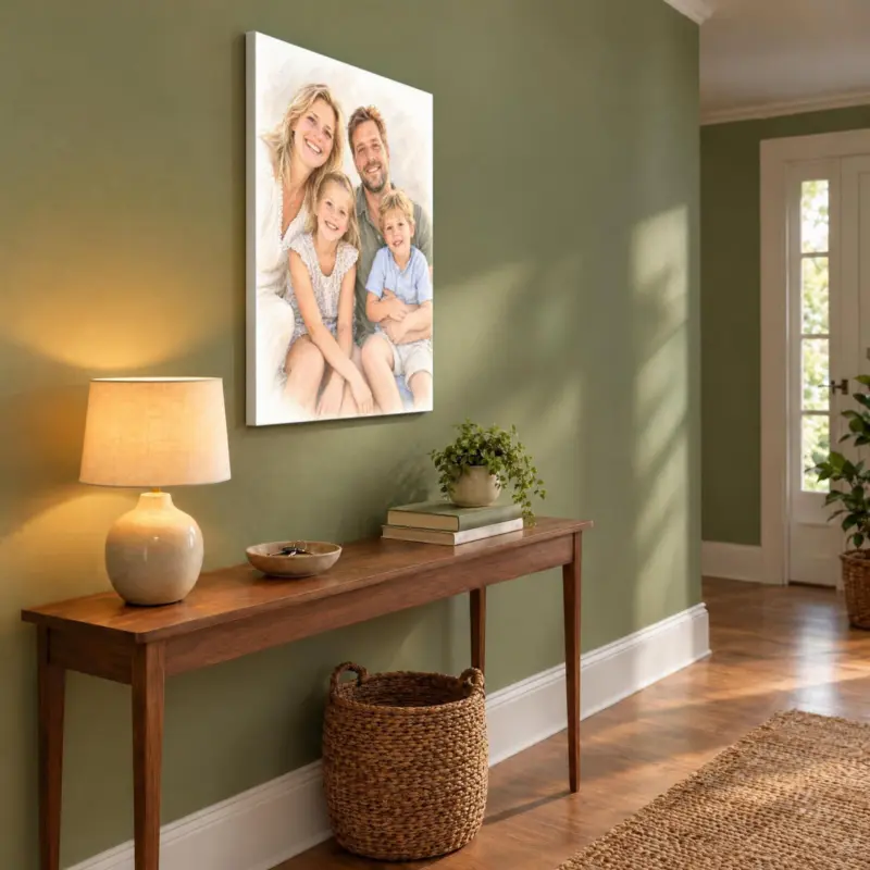Familieportret in pastel op canvas, in de hal