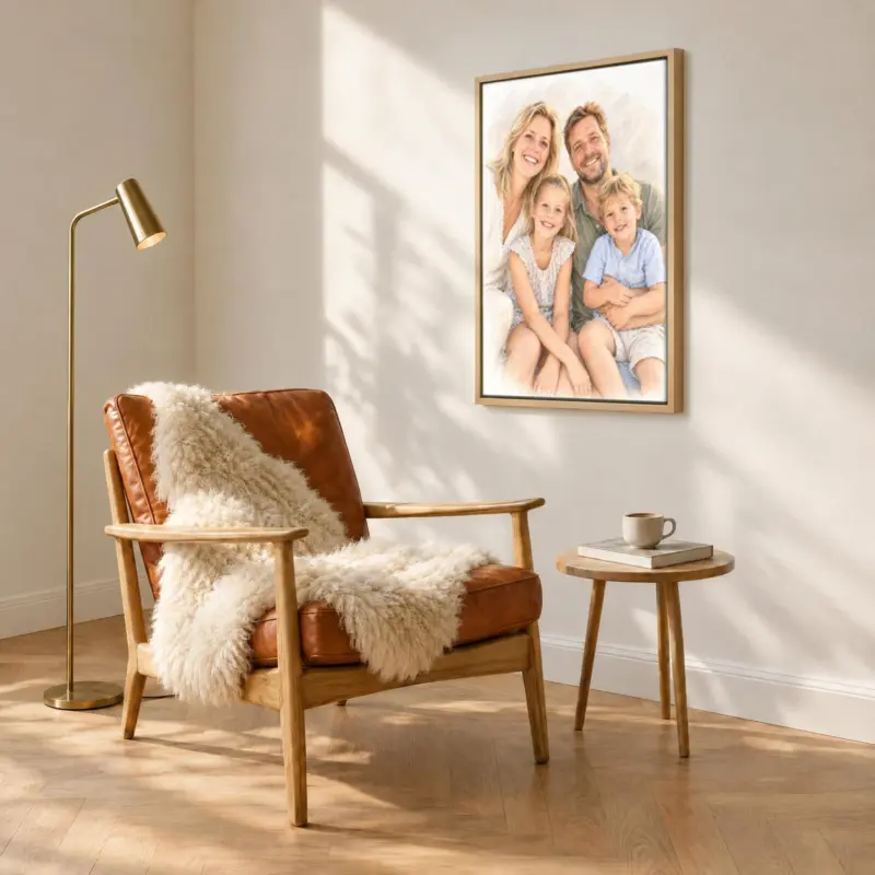 Familieportret in pastel op canvas in een houten baklijst, boven een fauteuil