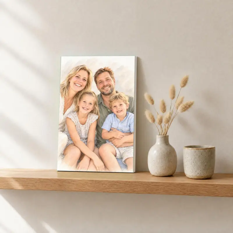 Familieportret in pastel op canvas, op een fotorichel
