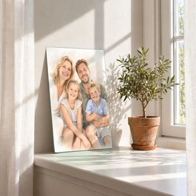 Familieportret in pastel als losse print, in de vensterbank