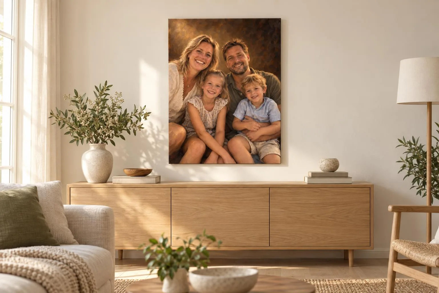 Klassiek familieportret op canvas boven een eiken dressoir