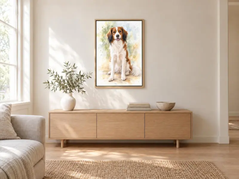 Huisdierportret in aquarel op canvas in een houten baklijst, boven een dressoir