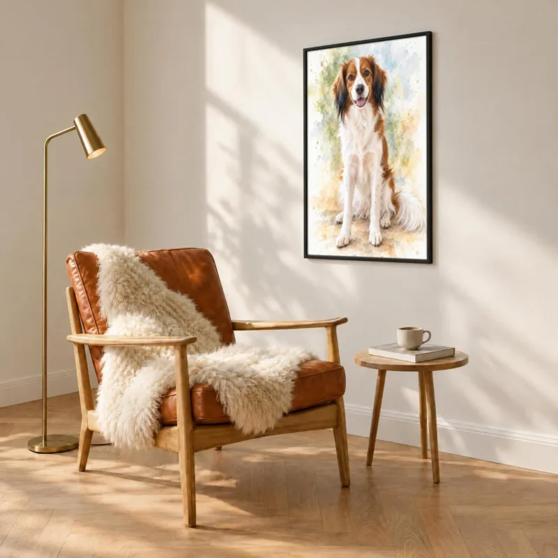 Huisdierportret in aquarel in een zwarte lijst, boven een fauteuil