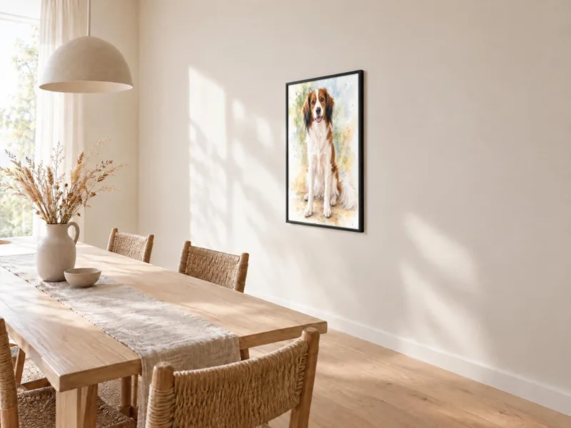Huisdierportret in aquarel in een zwarte lijst, bij de eettafel