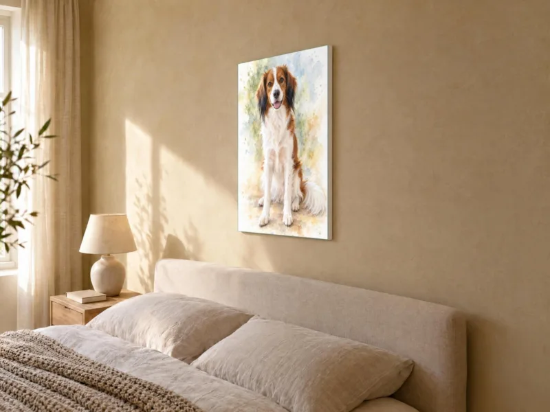 Huisdierportret in aquarel op canvas, in de slaapkamer