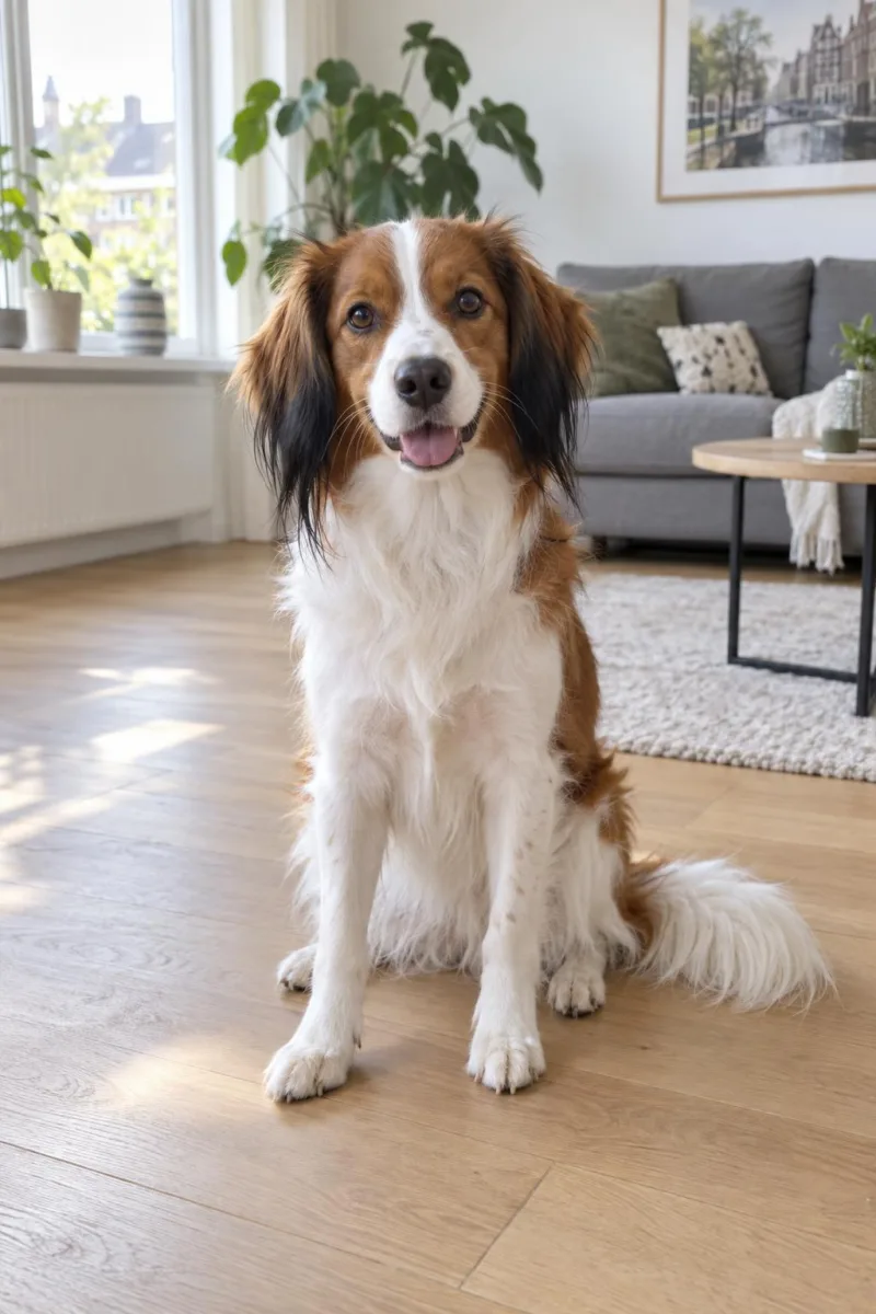 Foto van een kooikerhondje in de woonkamer