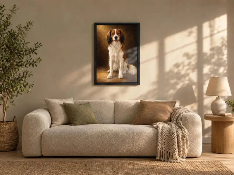 Huisdierportret klassiek geschilderd op canvas in een zwarte baklijst, boven de bank
