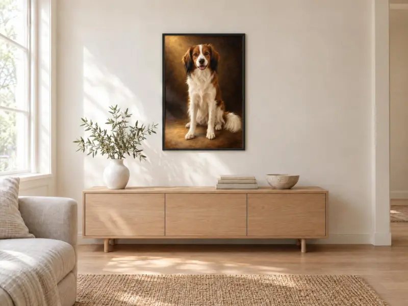 Huisdierportret klassiek geschilderd in een zwarte lijst, boven een dressoir
