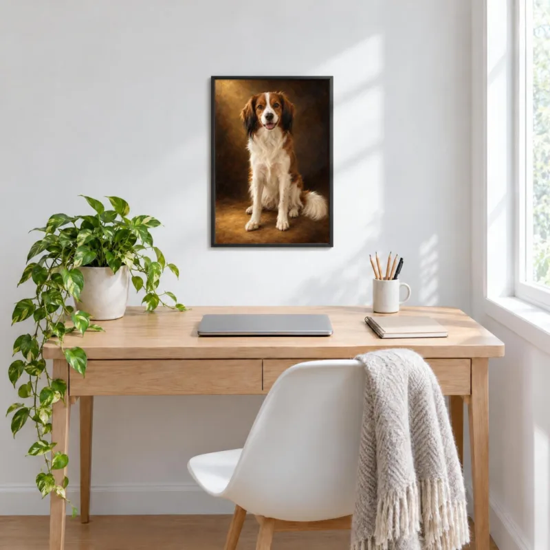 Huisdierportret klassiek geschilderd in een zwarte lijst, boven een bureau