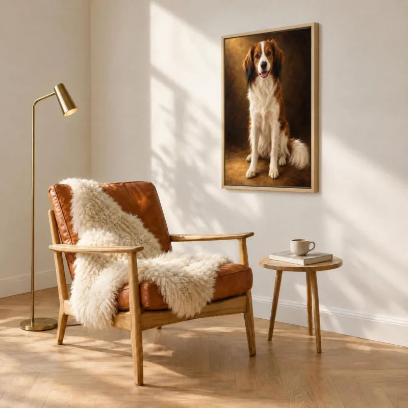 Huisdierportret klassiek geschilderd op canvas in een houten baklijst, boven een fauteuil