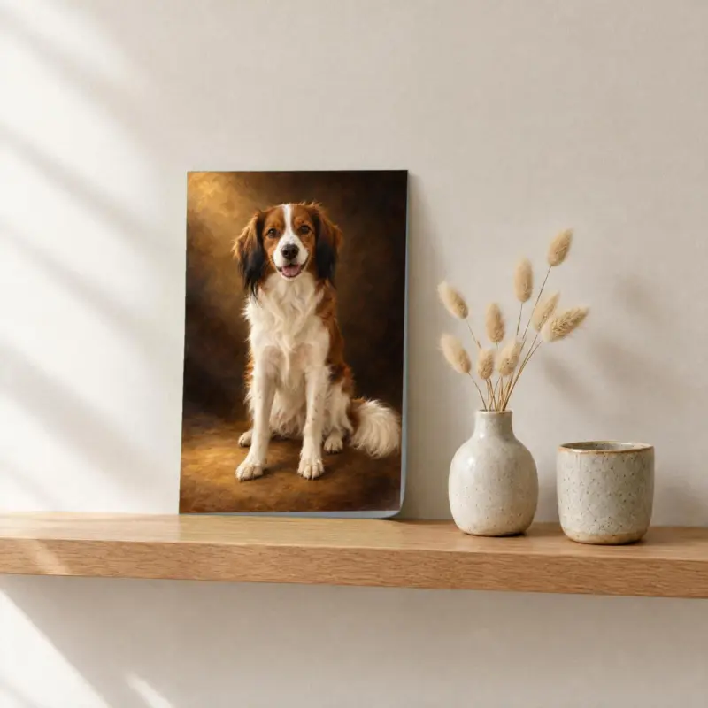 Huisdierportret klassiek geschilderd als losse print, op een fotorichel