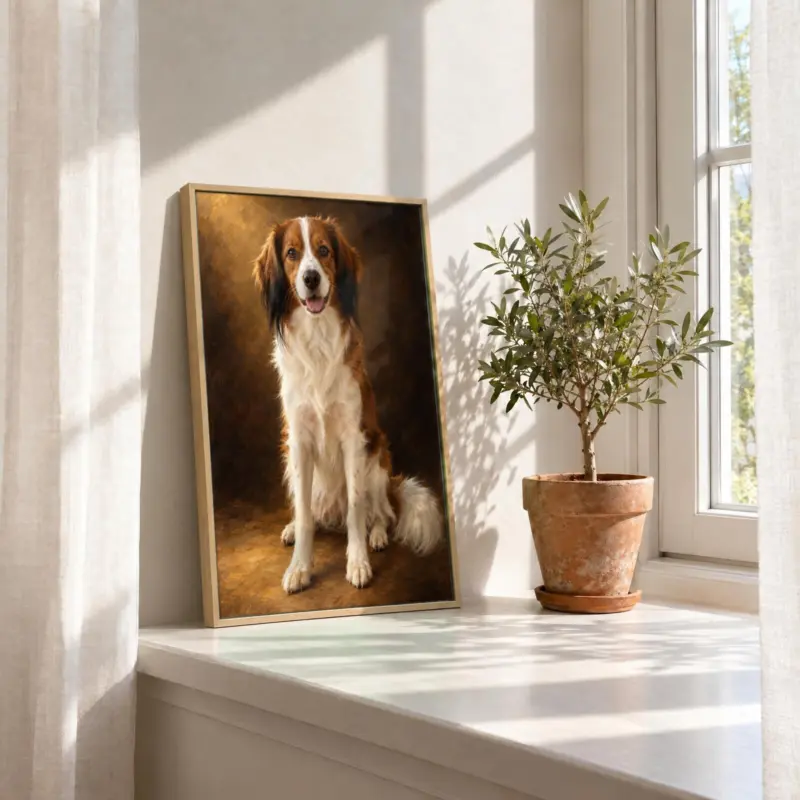 Huisdierportret klassiek geschilderd op canvas in een houten baklijst, in de vensterbank