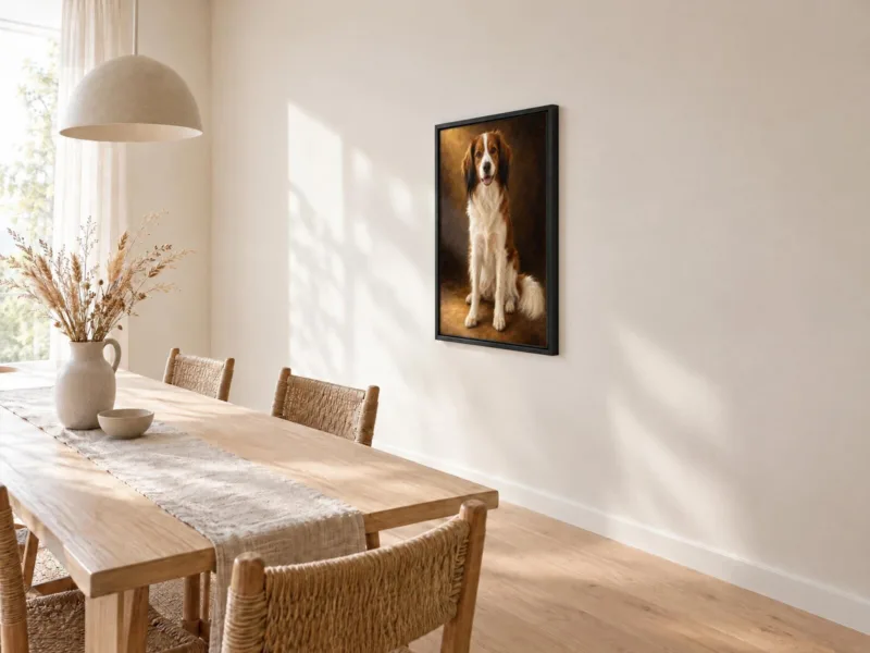 Huisdierportret klassiek geschilderd op canvas in een zwarte baklijst, bij de eettafel