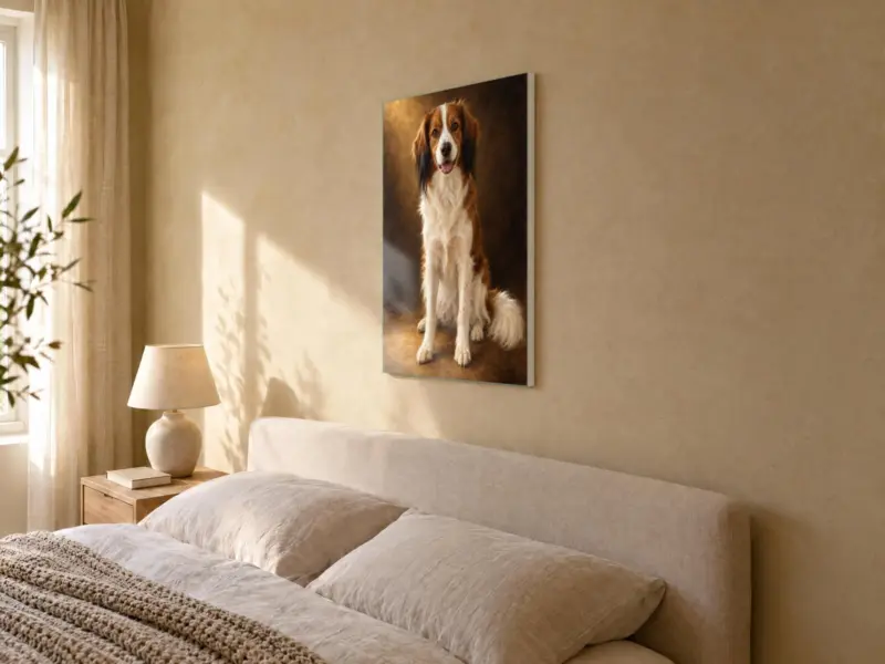 Huisdierportret klassiek geschilderd op canvas, in de slaapkamer