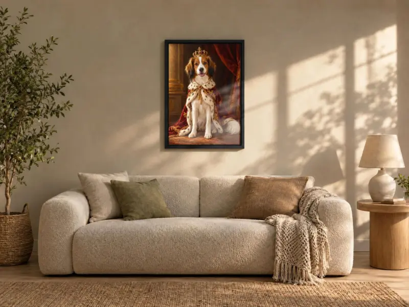 Huisdierportret koninklijk geschilderd op canvas in een zwarte baklijst, boven de bank