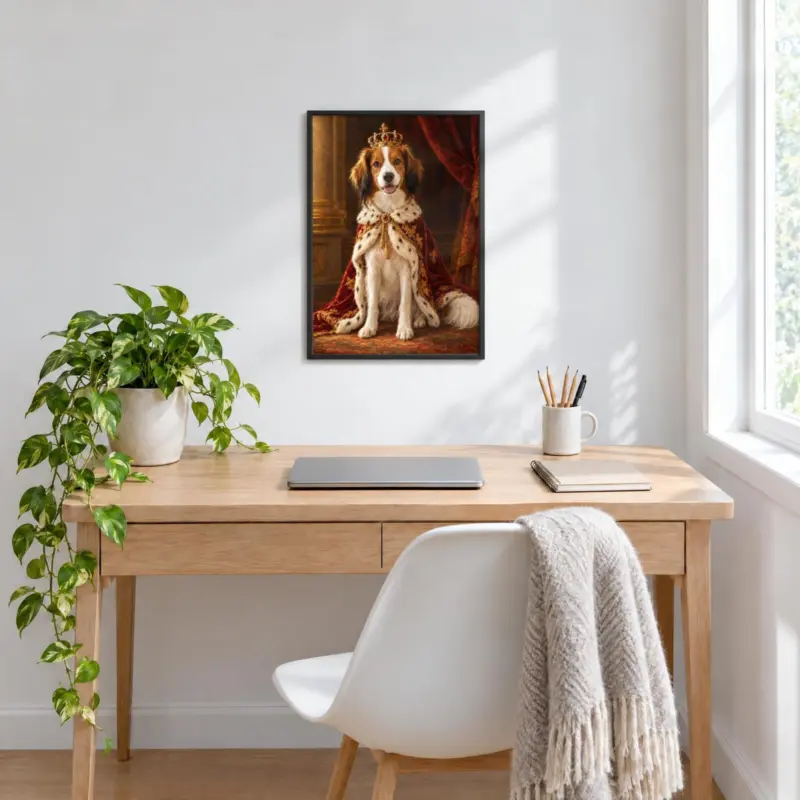 Huisdierportret koninklijk geschilderd in een zwarte lijst, boven een bureau