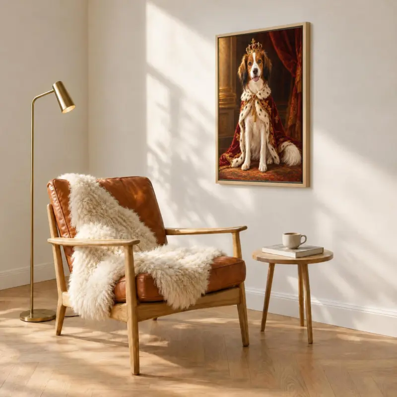 Huisdierportret koninklijk geschilderd op canvas in een houten baklijst, boven een fauteuil
