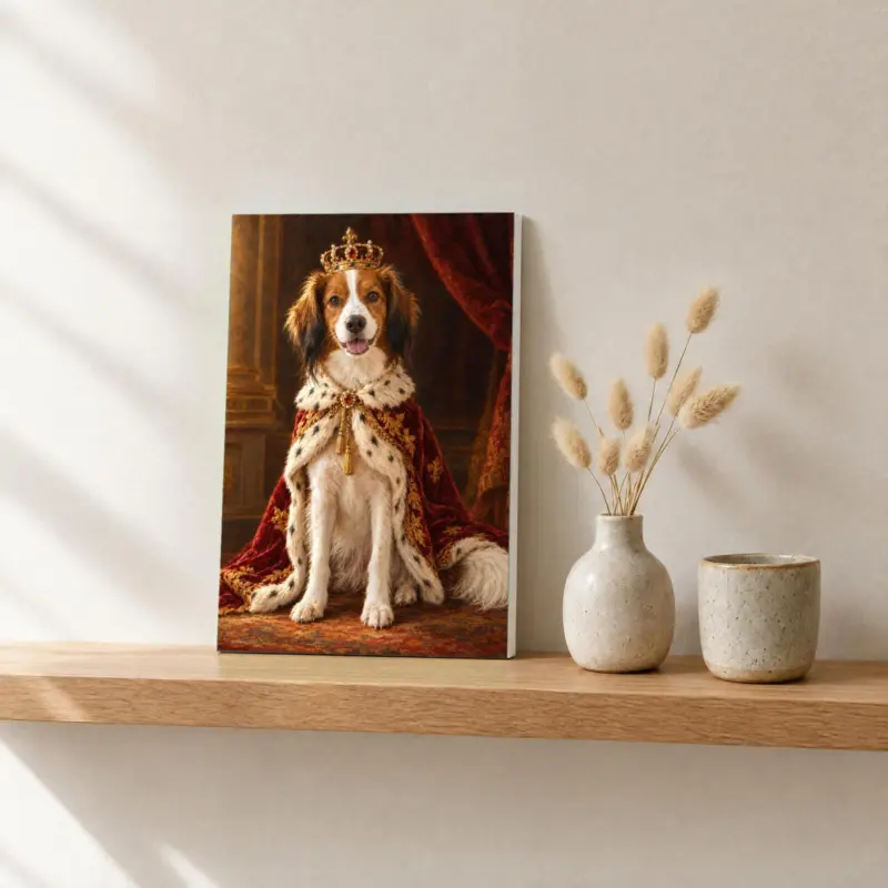 Huisdierportret koninklijk geschilderd op canvas, op een fotorichel