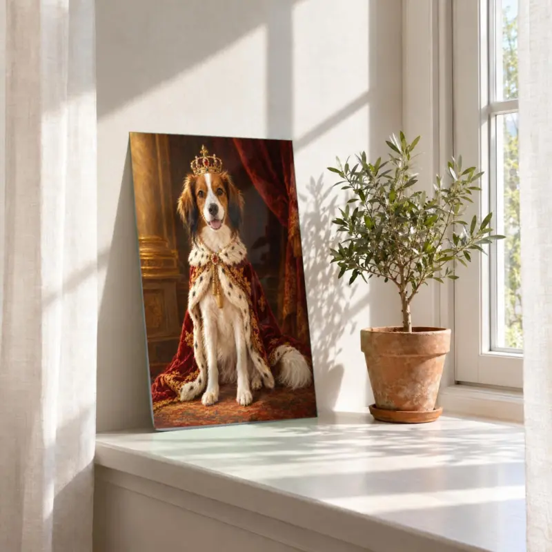 Huisdierportret koninklijk geschilderd als losse print, in de vensterbank