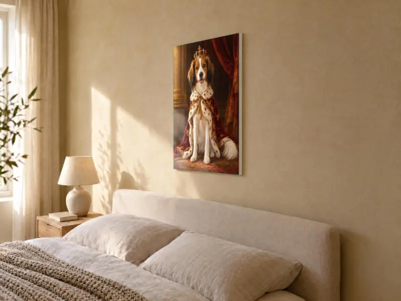 Huisdierportret koninklijk geschilderd op canvas, in de slaapkamer