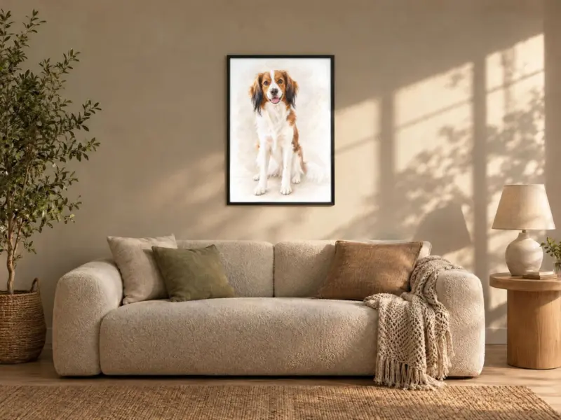 Huisdierportret in pastel in een zwarte lijst, boven de bank