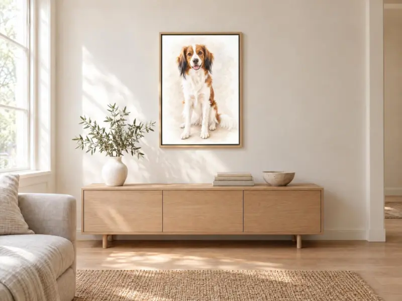 Huisdierportret in pastel op canvas in een houten baklijst, boven een dressoir