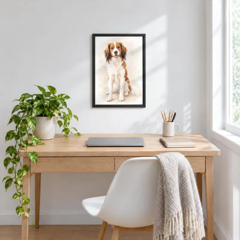 Huisdierportret in pastel op canvas in een zwarte baklijst, boven een bureau