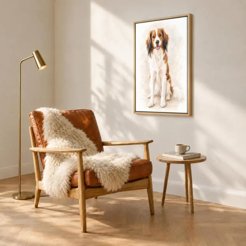 Huisdierportret in pastel op canvas in een houten baklijst, boven een fauteuil