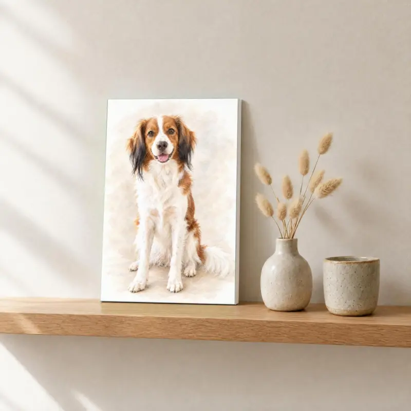 Huisdierportret in pastel op canvas, op een fotorichel