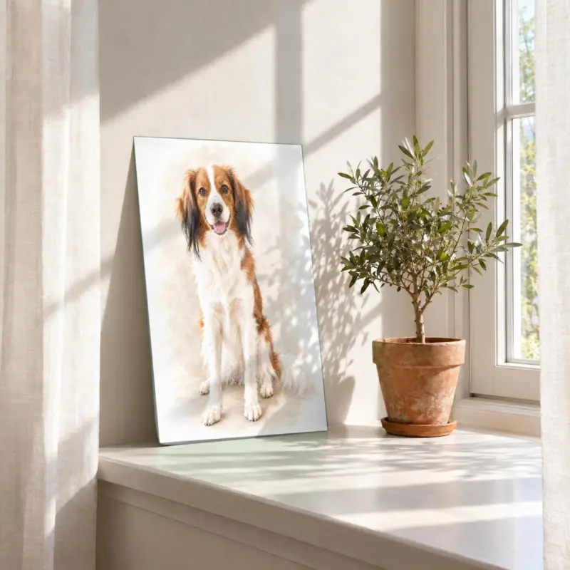 Huisdierportret in pastel als losse print, in de vensterbank