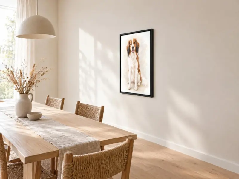 Huisdierportret in pastel op canvas in een zwarte baklijst, bij de eettafel