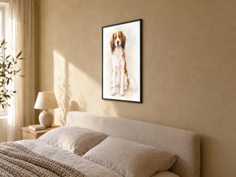 Huisdierportret in pastel in een zwarte lijst, in de slaapkamer
