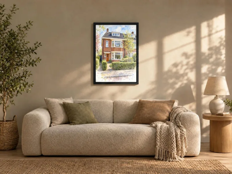 Huisportret in aquarel op canvas in een zwarte baklijst, boven de bank